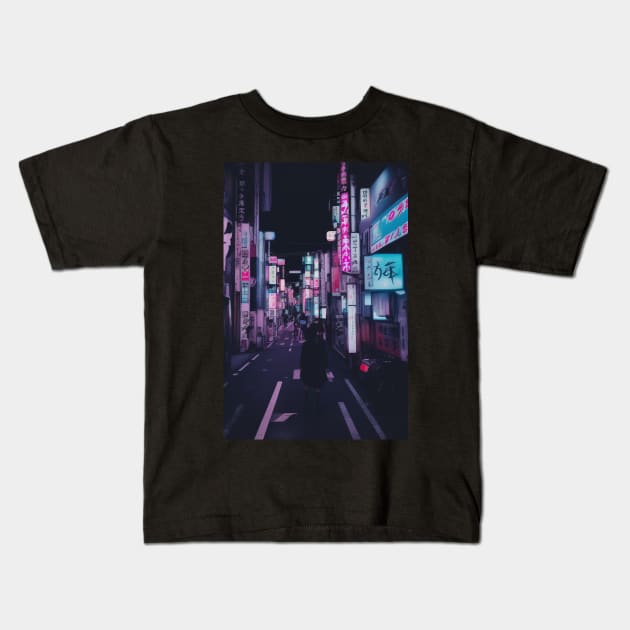 Experience the past, present, and future of Japan all in one neon-lit alleyway Kids T-Shirt by dystopiatoday